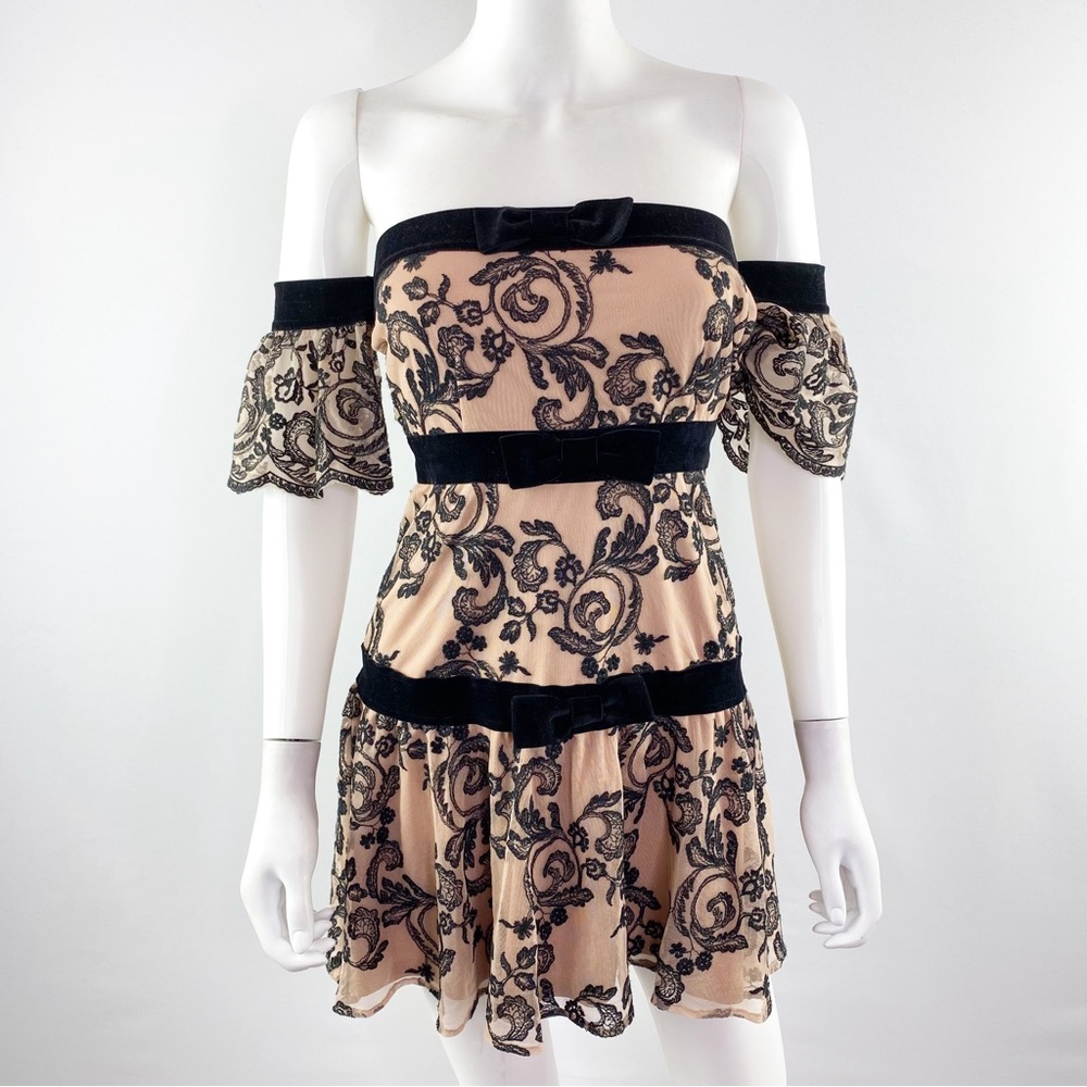 For Love & Lemons Size S Pink & Black Floral Off the Shoulder CLEMENCE Dress - Picture 3 of 11